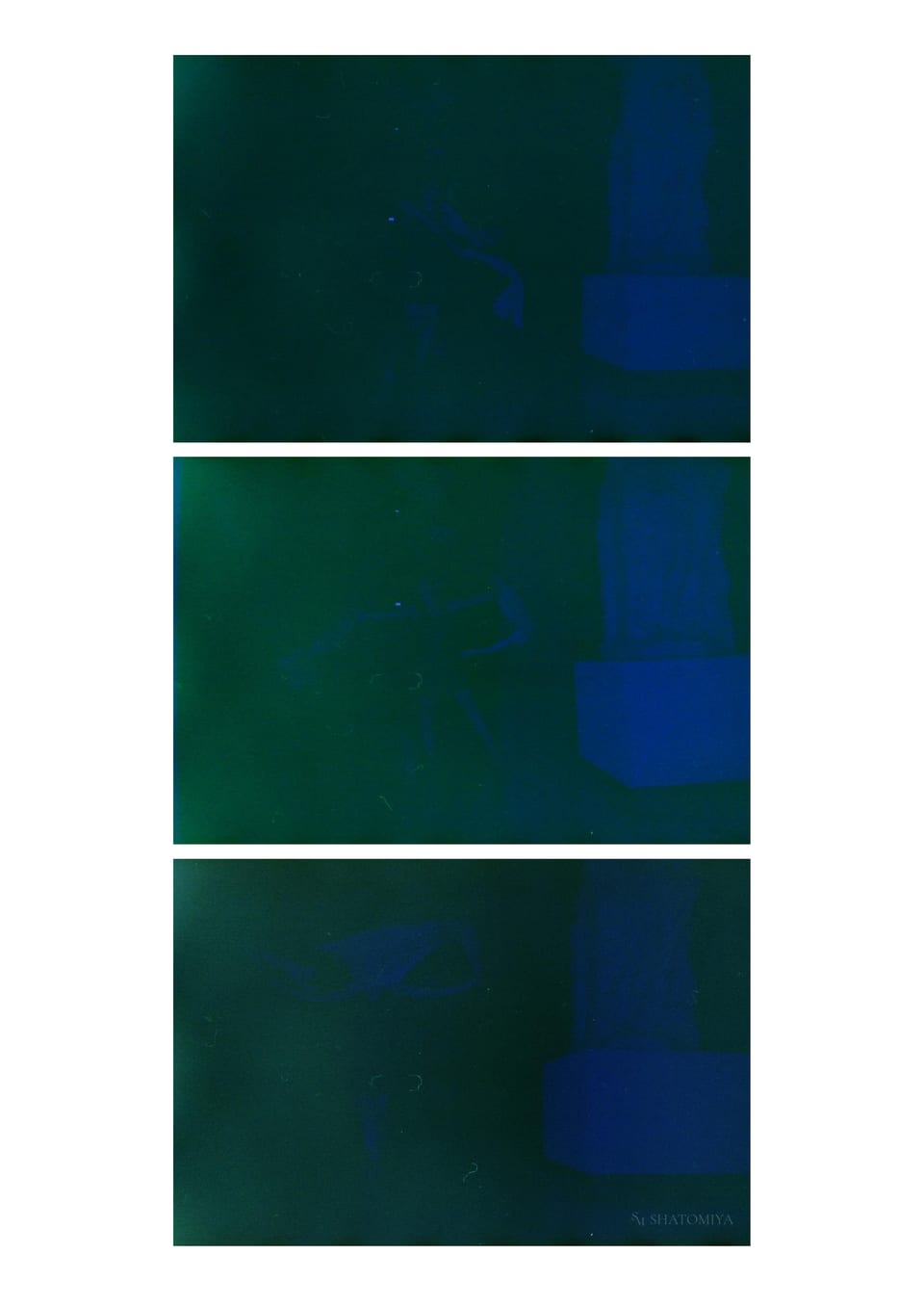 A collage of 3 photos, in all of which a female figure is waving some light colour fabrics. One the right side of her there is a marble statue on a pedestal.