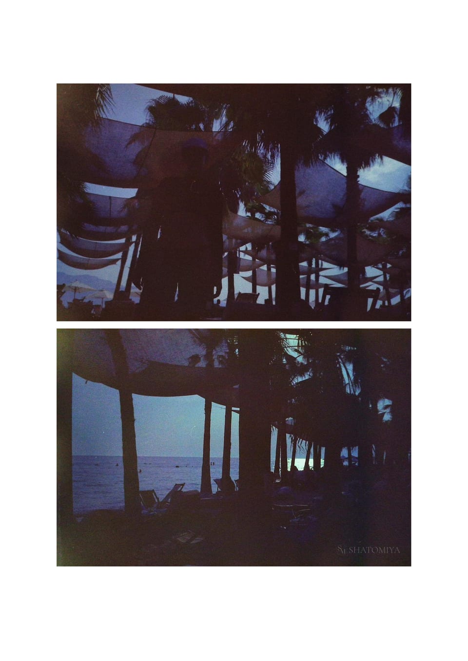 Collage of two photos, on the first a female figure looks at the camera with palmtrees, the beach, the sea and the beach bar is in the background. On the second picture there is a view of the palmtrees, the beach, the sea and the beach bar is in the background.