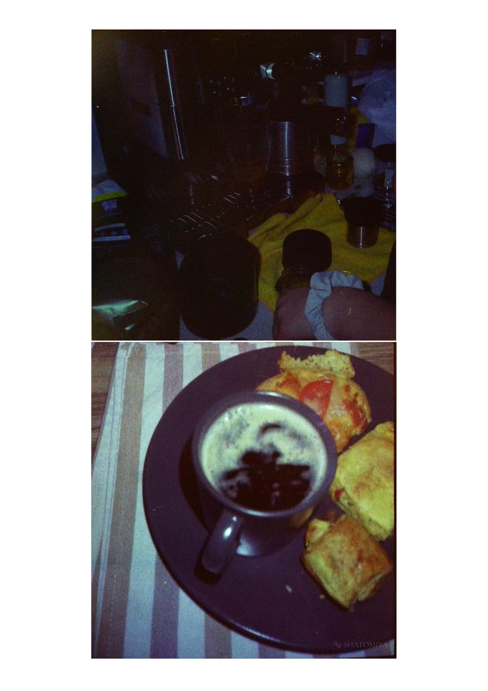 Collage of two photos, on the first two hands prepare a cup of coffee, using an intricate coffee machine, on the second there is a close up of a coffee cup and different pastries.