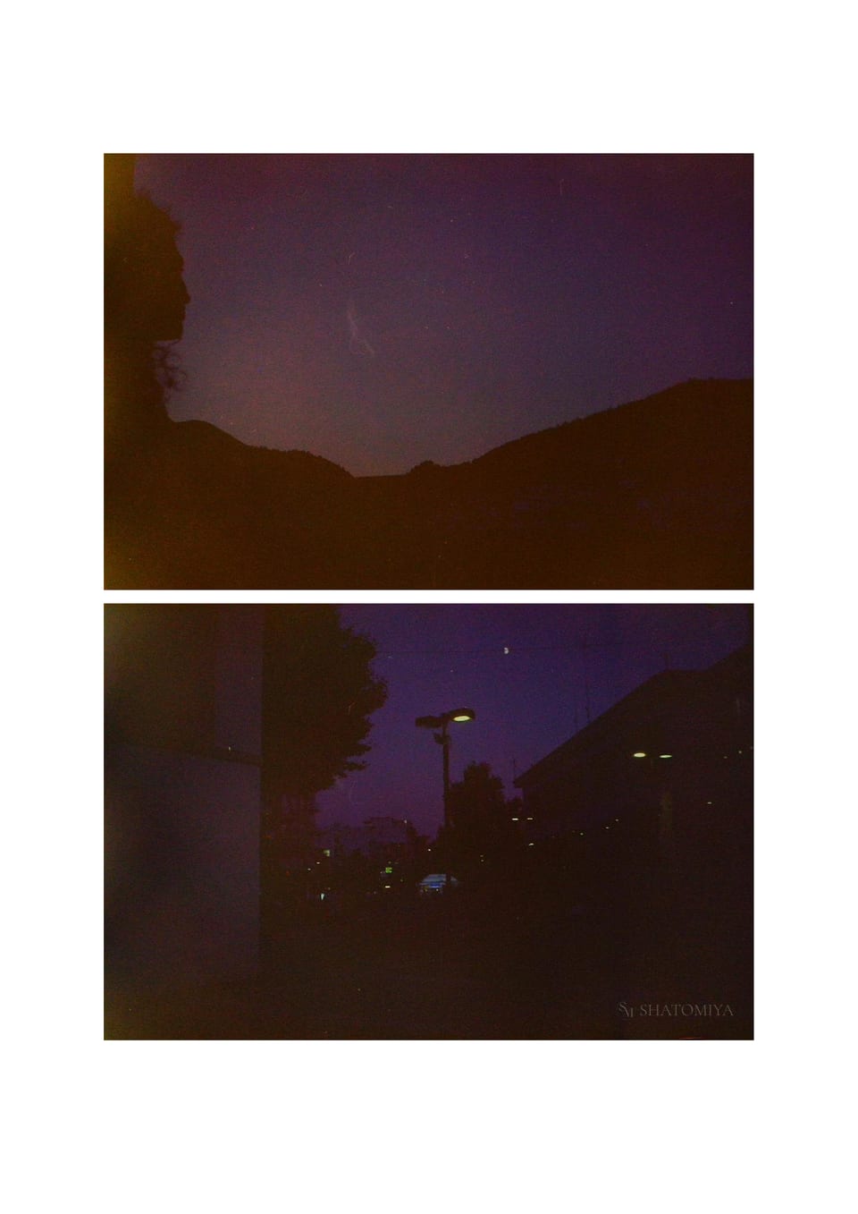 Collage of two photos. Female shadow gazing from the balcony at the dark hills. The city center at the dusk.