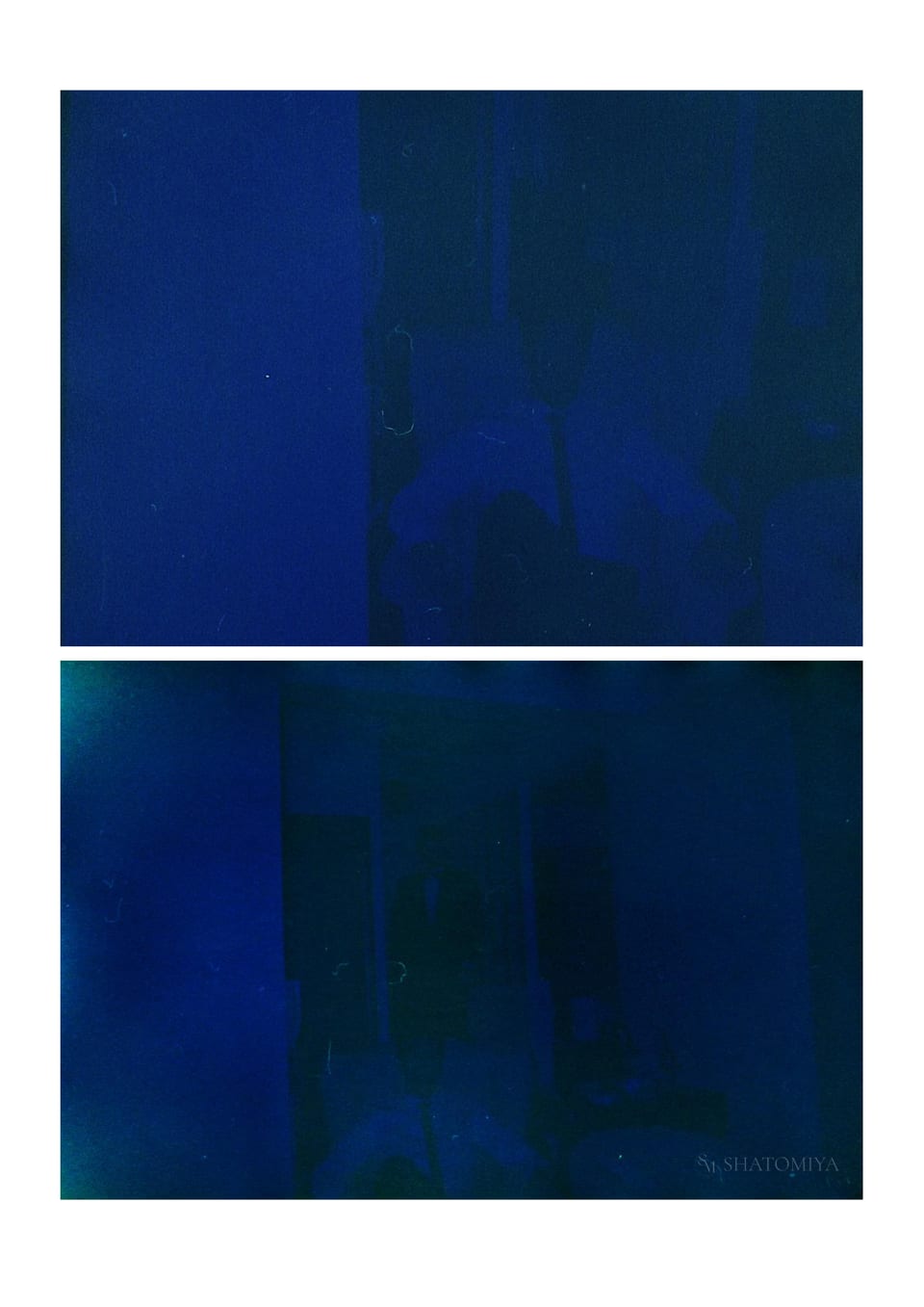 Collage of two photos, in the first a formally dressed male figure is sitting cross-legged on an armchair. In the second photo another male figure appears behind the first, coming down the stairs.