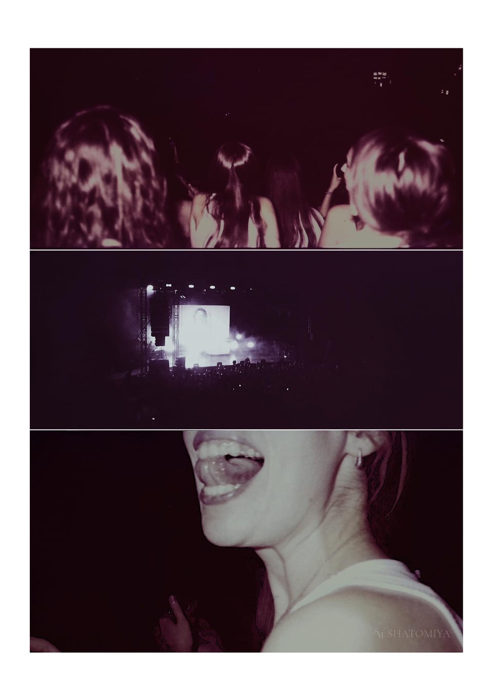 Collage of 3 photos, first of a crowd, second of a live concert stage, third of a girls licking her lips.