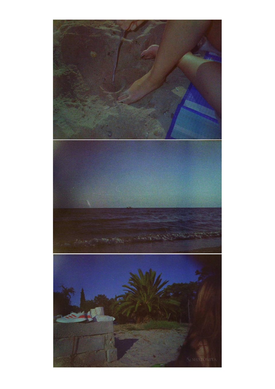 Collage of three pictures, on the top a girl is forming a cyrcle in the sand using a stick, in the second photo the sea is visible and on the third we can see shoes and clothes drying in the sun with a long haired girl on the side.