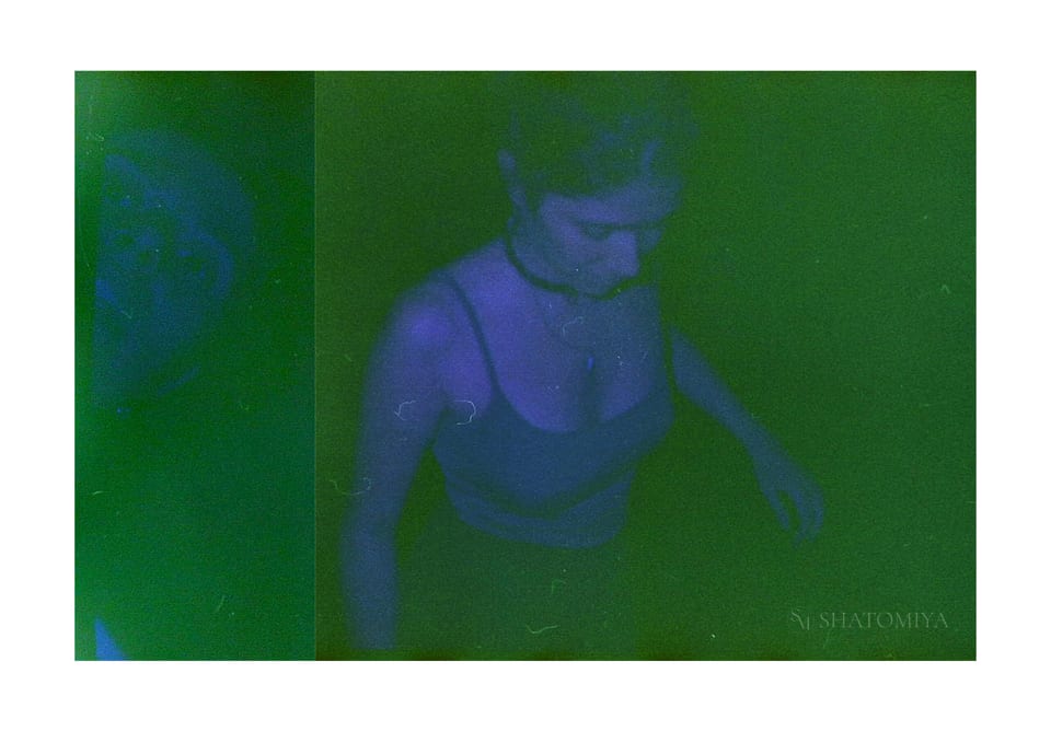 Collage of two photos, on the left a face is looking directly to the camera as if peaking from a door, at the right side of the Collage a female figure is walking away.