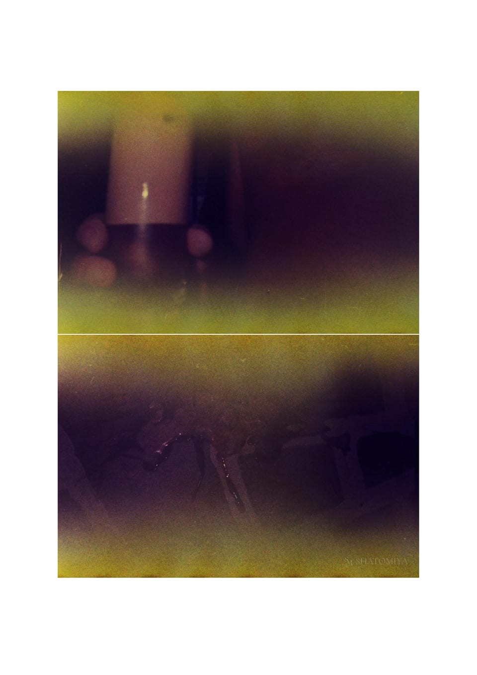 Collage of two deeply burnt‑film photos showing a hand holding a coffee cup, followed by a second image where the glass is shattered on the floor and the spilled coffee surrounds the broken pieces.
