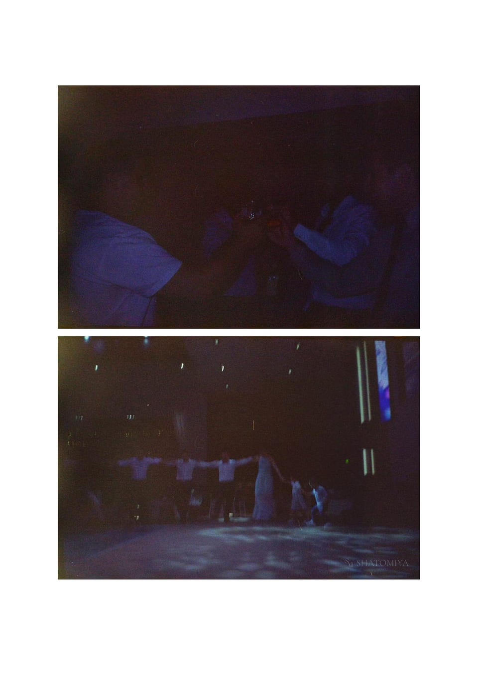 Collage of two photos, on the first people clinging their glasses and the second dancing to greek folk songs.